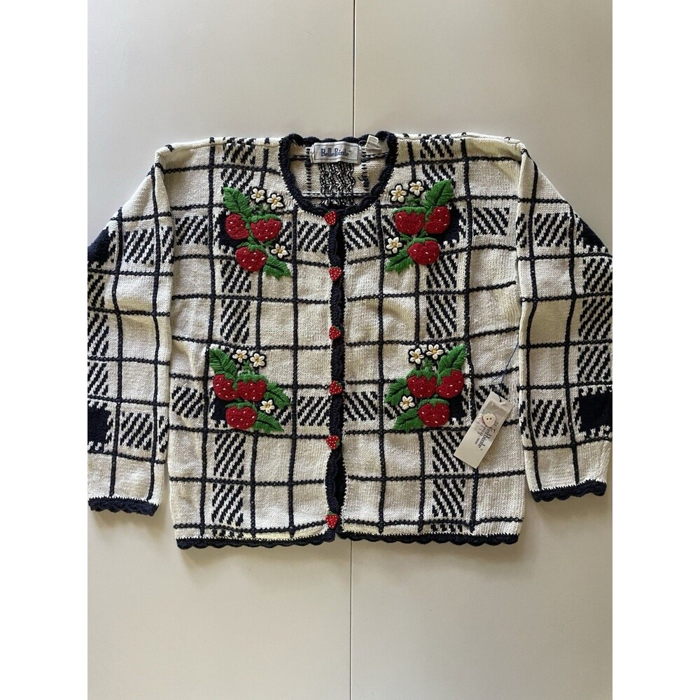 Large Vintage BellePointe Strawberry Themed Cardigan Sweater - Navy and White